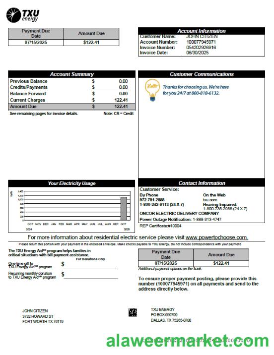 USA TXU Energy utility bill template in Word and PDF formats, version 2